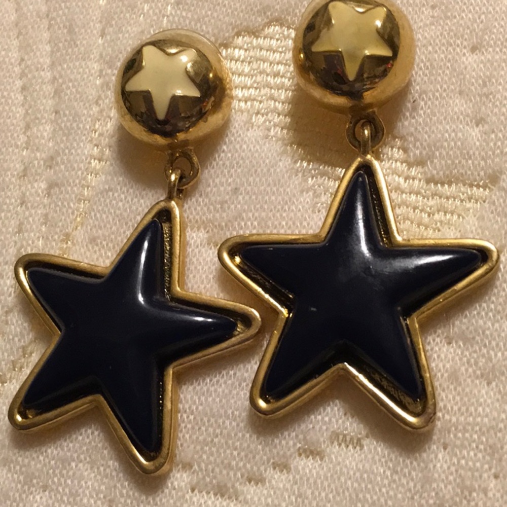Nordstrom’s Pierced Earrings,Navy Enamel, Goldtone, Stars, Nautical Theme